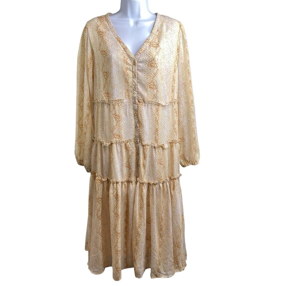 Moon River Women's Yellow Snakeskin Tiered Midi Dress Size M Cottagecore Boho